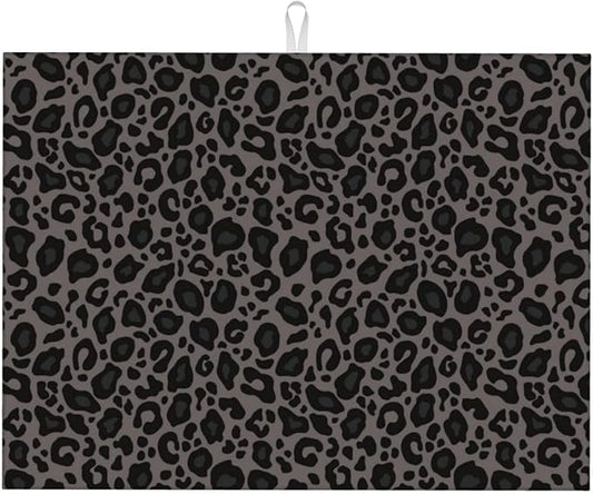 Black Grey Leopard Print Dish Drying Mat Cheetah Wild Animal Dark Skin Drying Rack Pad Countertop Dishes Ultra Absorbent Microfiber Kitchen Counter Mat 18x24 Inch