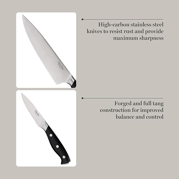 Martha Stewart Greeley 14 pc Triple- Riveted Cutlery Knife Acacia Wood Block Set w/Comfort Grip Handles- Black - Image 4