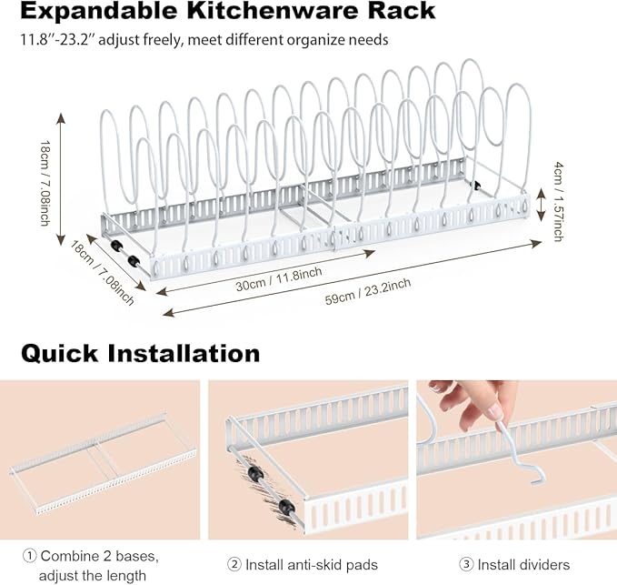 Housolution Pot and Pan Organizer Rack for Cabinet, Upgraded Expandable Pot Lid Organizer with 14 Adjustable Dividers, Pan Holder Storage Rack for Kitchen Cabinet, White - Image 5