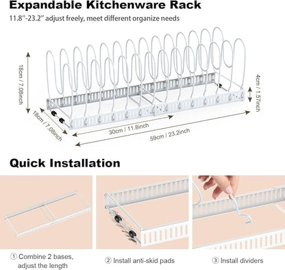 Housolution Pot and Pan Organizer Rack for Cabinet, Upgraded Expandable Pot Lid Organizer with 14 Adjustable Dividers, Pan Holder Storage Rack for Kitchen Cabinet, White - Image 5