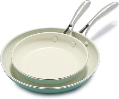 GreenLife Artisan Healthy Ceramic Nonstick, 8" and 10" Frying Pan Skillet Set, Stainless Steel Handle, Induction, PFAS-Free, Dishwasher Safe, Oven Safe, Turquoise