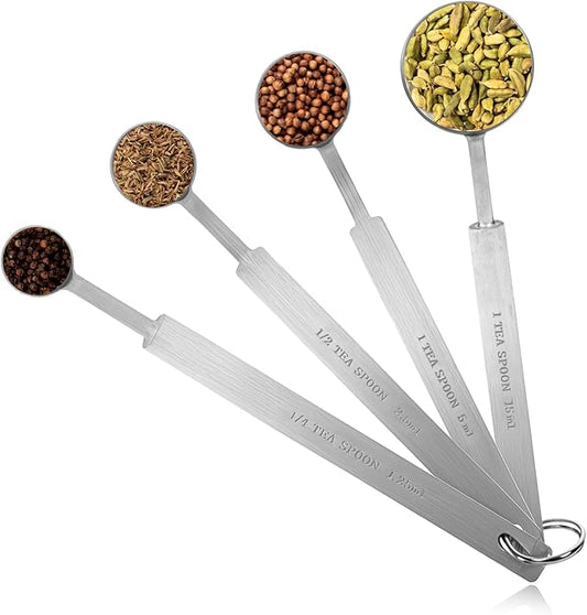 4 Pcs Long Handle Measuring Spoons Set Stainless Steel Measuring Spoon Set Metal Coffee Scoop Tablespoon Teaspoon for Liquid Solid Powder Ingredients (1/4 tsp, 1/2 tsp, 1 tsp, 1 tbsp)