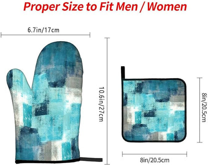 LOKMU Oven Mitts and Pot Holders Set of 3, Teal and Grey White Abstract Art Heat Resistant Kitchen Gloves Hot Pads for Cooking Baking BBQ, Kitchen Decor Gifts for Cooking Lover Cooks