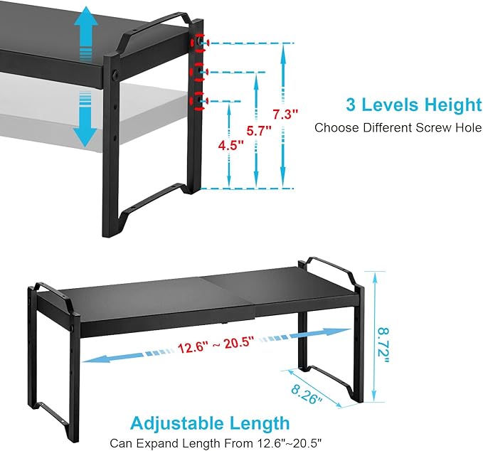 2 Pack Expandable Cabinet Countertop Shelves, Stackable Shelves Organizers For Kitchen Cabinet Countertop Storage, Adjustable Counter Cupboard Pantry Organizer Shelf Rack Stand, Length:20.5" - Image 2