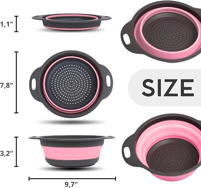 Pink Round Silicone Collapsible Colander – Small Silicone Round Kitchen Strainers with Plastic Handles Foldable Kitchen Strainer Perfect for Draining Pasta Vegetable and Fruit - Image 2