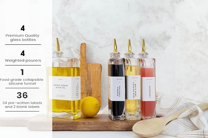 Molimoli Olive Oil Dispenser Bottle for Kitchen, Automatic Pourer, Glass Dispenser for Kitchen, Olive Oil Cruet, | Set of 4 - Gold - Image 2