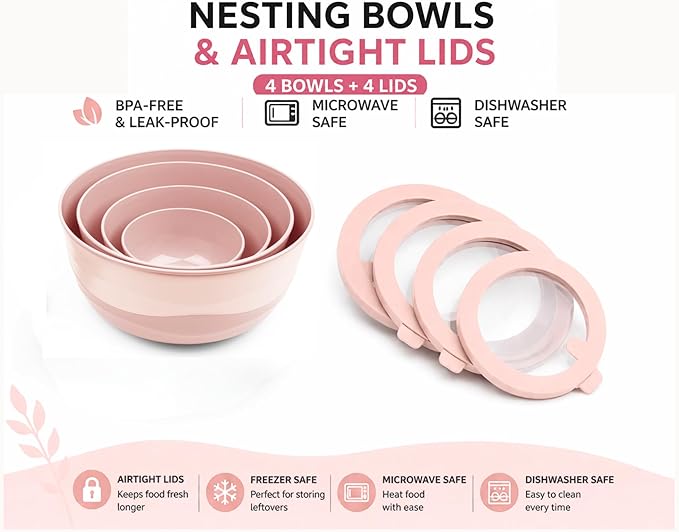 Pera Mixing Bowls with Lids Set, 8 Piece (4 Bowls + 4 Airtight Lids), BPA Free Nesting Kitchen Bowl Set for Mixing & Food Storage, Microwave & Dishwasher Safe (Pink)