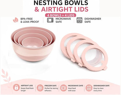Pera Mixing Bowls with Lids Set, 8 Piece (4 Bowls + 4 Airtight Lids), BPA Free Nesting Kitchen Bowl Set for Mixing & Food Storage, Microwave & Dishwasher Safe (Pink)