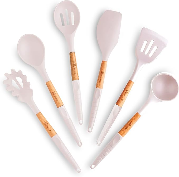 Silicone Cooking Utensils Set 6 Piece – Heat Resistant up to 480°F, BPA Free & Non-Scratch Kitchen Tools with Natural Wood Handles, White - Image 7
