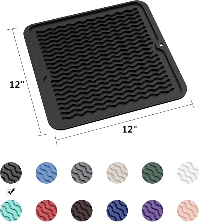 ZLR Silicone Dish Drying Mat 12" x 12" Square - Small Heat Resistant Trivet & Countertop Protector for Air Fryer, Coffee Maker - Waterproof Kitchen Drain Pad for Cups, Fruit (Black) - Image 6