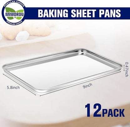 Mimorou 12 Pcs Baking Sheet Stainless Steel Cookie Small Metal Sheet Pans Professional Rectangle Oven Trays Kitchen Baking Cooking Oven and Toaster, Dishwasher Safe