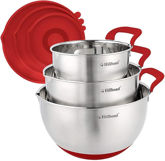 Hillbond Mixing Bowls with BPA Free Airtight Lids Nesting Bowls with Pour Spout, Silicone Handle and Non-Slip Bottoms for Baking, Stainless Steel Mixing Bowls Dishwasher Safe, 1.5, 3, 5 QT(Red)