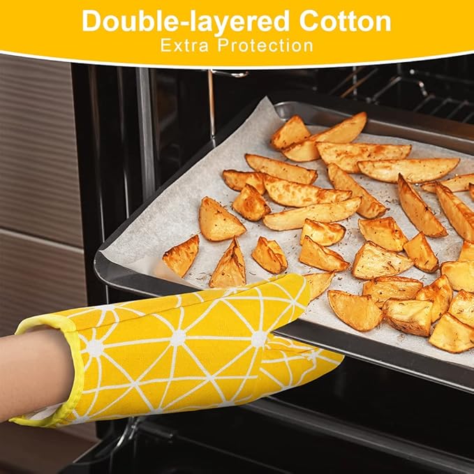 AUAUY Oven Mitts and Potholders BBQ Gloves-Oven Mitts and Pot Holders with Recycled Infill Silicone Non-Slip Cooking Gloves for Cooking Baking Grilling (6-Piece Set,Yellow) - Image 4