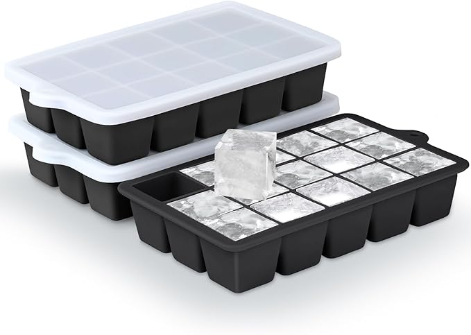 Silicone Ice Cube Trays 3Packs, Easy Release Ice Cube Molds with Lid, Freezer Stackable Ice Maker for Whiskey, Baby Food, BPA Free (Black) by Unknown