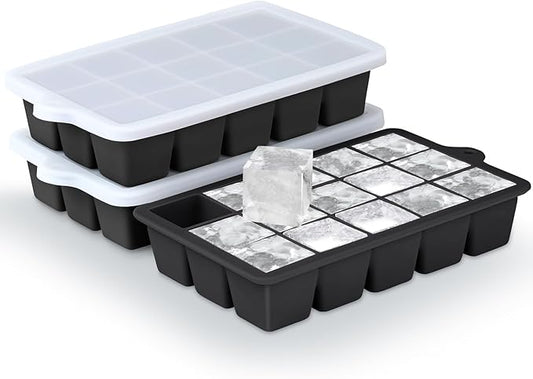 Silicone Ice Cube Trays 3Packs, Easy Release Ice Cube Molds with Lid, Freezer Stackable Ice Maker for Whiskey, Baby Food, BPA Free (Black) by Unknown