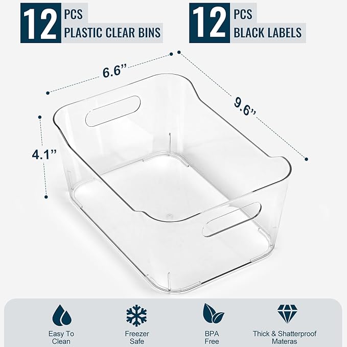12 PACK Multiuse Clear Plastic Storage Bins for Organizing w/ Labels - Home, Kitchen, Bathroom, Office, Pantry Cabinet Shelf Organizer Bins - SOHO Collection, RV, Fridge Organization Containers - Image 2