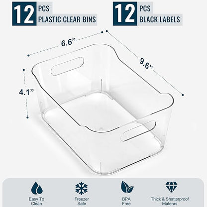 12 PACK Multiuse Clear Plastic Storage Bins for Organizing w/ Labels - Home, Kitchen, Bathroom, Office, Pantry Cabinet Shelf Organizer Bins - SOHO Collection, RV, Fridge Organization Containers - Image 2