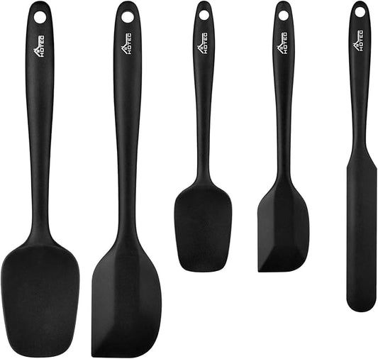 HOTEC 600℉ Heat Resistant BPA-Free Silicone Rubber Spatula Set,Kitchen Cooking Spatulas, Baking, Mixing for Non Stick Cookware, Dishwasher Safe, Black Set of 5 by Hotec