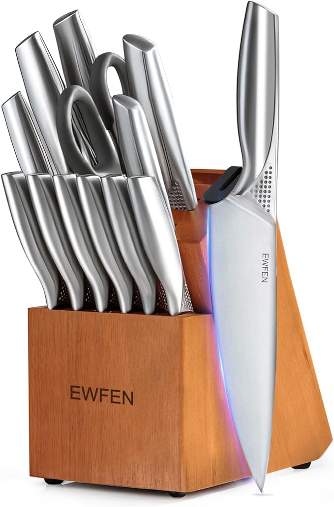 Knife Set, EWFEN 14-Piece Kitchen Knife Set with Block, German Stainless Steel Knives with Built-in Knife Sharpener, Anti-Slip Sharp Knives Set for Kitchen, Dishwasher Safe, Concave-dotted Handle by EWFEN