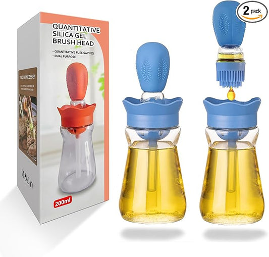 Oil Dispenser with Brush-2Pack 7oz/200ML 2 IN 1 Glass Cooking Oil Dispenser Bottle with Silicone Basting Brush for Kitchen, Oil Storage and Container for Cooking BBQ, Vinegar, Sauce, Air Fryer- Blue