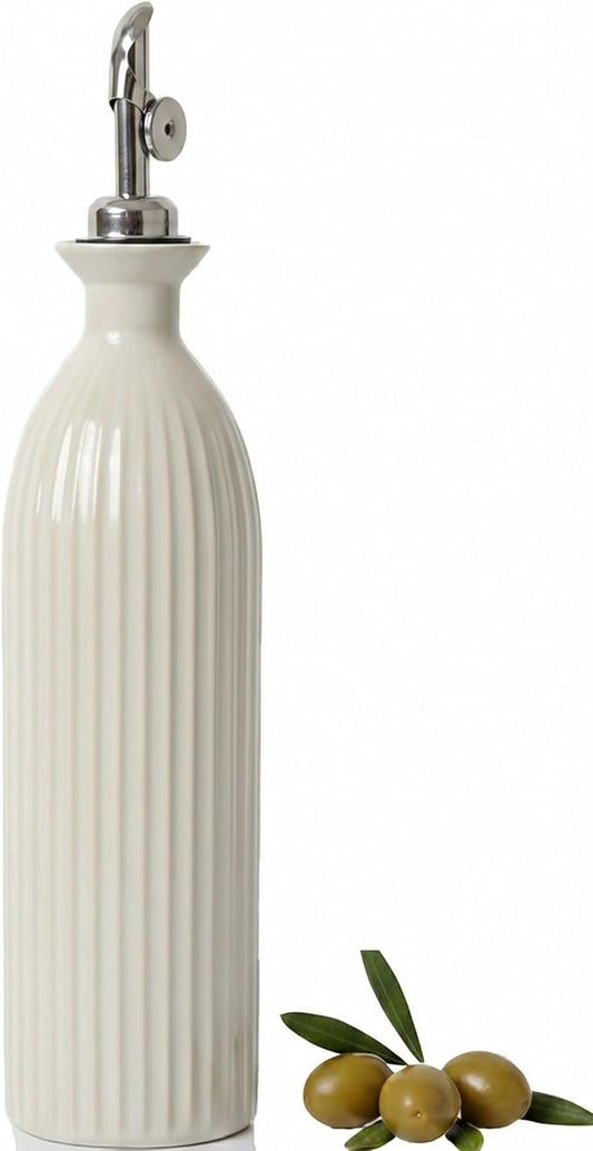 Ceramic Olive Oil Dispenser Bottle,17 oz Stoneware Relief oil container for kitchen with Stainless Gravity Spout, Suitable for Cooking,Sauce,syrup - Reactive White