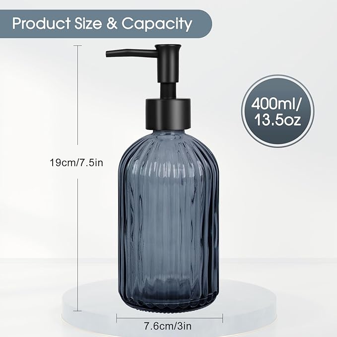 Topsky Stripe Glass Soap Dispenser with Black Plastic Pump, 400ml Liquid Hand Soap Dispenser, Rustproof Pump for Kitchen & Bathroom, Great for Lotions, Essential Oil, Liquid Soaps- (Grayish Blue) - Image 4
