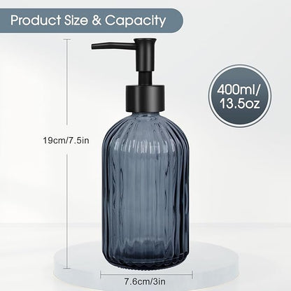 Topsky Stripe Glass Soap Dispenser with Black Plastic Pump, 400ml Liquid Hand Soap Dispenser, Rustproof Pump for Kitchen & Bathroom, Great for Lotions, Essential Oil, Liquid Soaps- (Grayish Blue) - Image 4