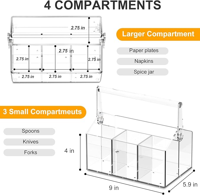 Acrylic Utensil Caddy.Silverware Organizer & Utensil Holder-Heavy-Duty Countertop Cutlery Caddy for Spoons, Forks, Knives, Napkins, Plates | Space-Saving Table, Buffet, Picnic Party Essential - Image 3