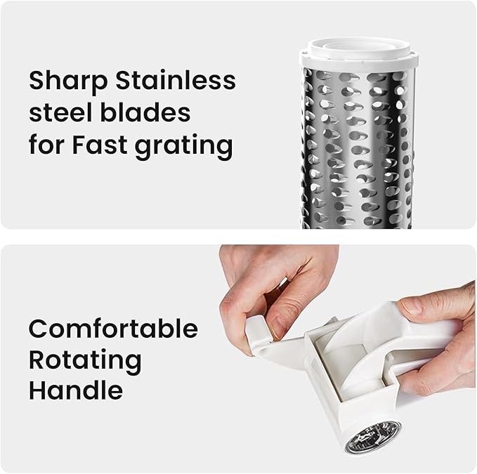 Cheese Grater with Handle, Rotary Cheese Grater,Vegetable, Chocolate, Hard Cheese & Nut Grater,White - Image 7