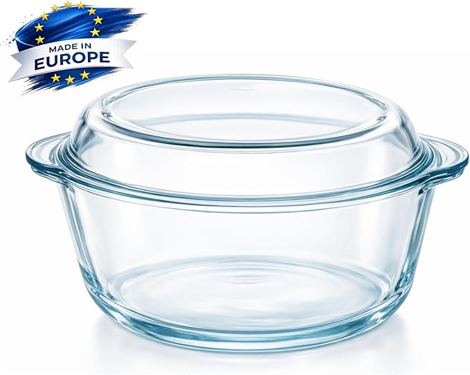 Ums 2.2 Quart Glass Casserole Dish with Lid, Round Glass Baking Dishes for Oven with Lid, Round Covered Casserole Dish, Microwave and Dishwasher Safe Clear Bakeware