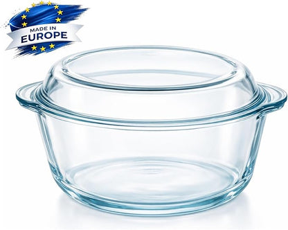 Ums 2.2 Quart Glass Casserole Dish with Lid, Round Glass Baking Dishes for Oven with Lid, Round Covered Casserole Dish, Microwave and Dishwasher Safe Clear Bakeware