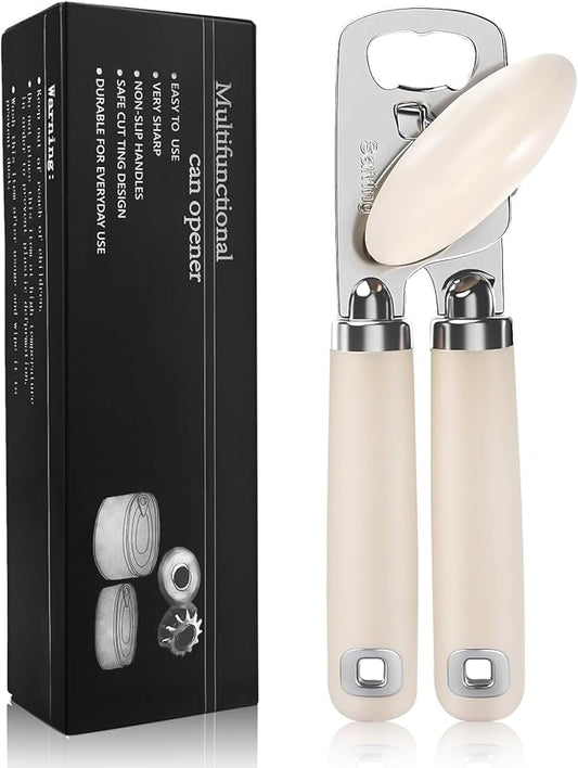 Safring Can Opener Manual, Heavy Duty Stainless Steel Smooth Edge Can Openers With Soft Touch Handle, Oversized Handheld Easy Turn Knob, Multi-Function Bottle Opener, Beige