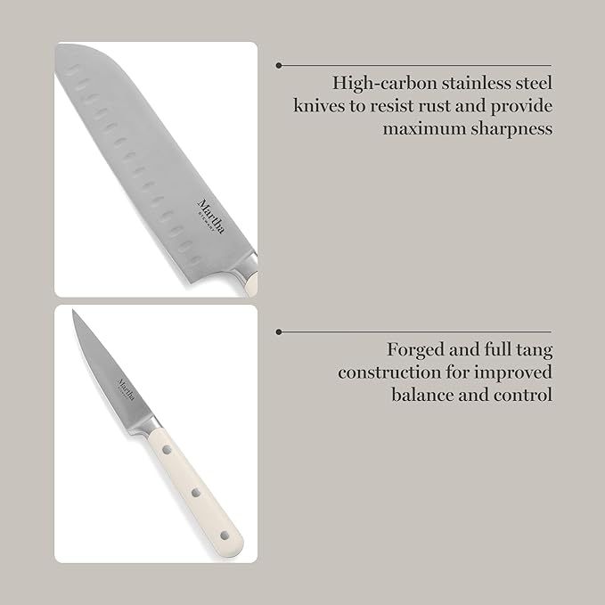 MARTHA STEWART Eastwalk 14 Piece High Carbon Stainless Steel Cutlery Kitchen Knife Block Set w/ABS Triple Riveted Forged Handle Acacia Wood Block - Linen White - Image 4