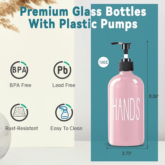 COHOSEGE Glass Soap Dispenser Set 2 Pack,16 Oz Dish Soap Dispenser for Kitchen Sink,Pink Kitchen Accessories and Kitchen Decor,Pink Decorations and Kitchen Utensils for Kitchen - Image 3