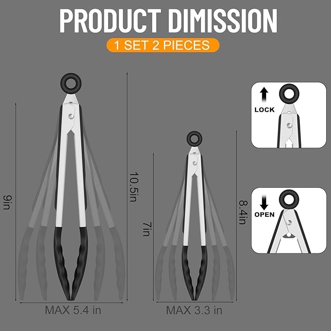 HOTEC Premium 7 & 9 Inch Kitchen Tongs, Stainless Steel Locking Cooking Tongs with Silicone Tips, Non-Scratch & Heat Resistant, Serving Tongs for Salad, BBQ, Black, Set of 2 - Image 8