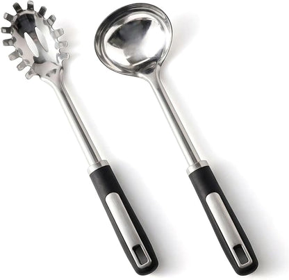 Stainless Steel Ladle and Pasta Server Set, Food-Grade Thickened Metal Soup Ladle & Spaghetti Spoon with Non-Slip Handles, Durable Cooking Utensils for Pasta, Soup & Everyday Kitchen Use