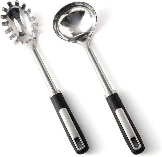 Stainless Steel Ladle and Pasta Server Set, Food-Grade Thickened Metal Soup Ladle & Spaghetti Spoon with Non-Slip Handles, Durable Cooking Utensils for Pasta, Soup & Everyday Kitchen Use
