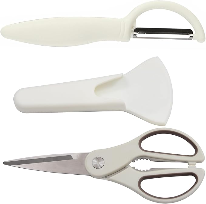 3PCS White Kitchen Scissors and Peeler Set, Magnetic Shears with Fruit Peelers for Food, Heavy Duty Scissors with Magnet Sheath Set for Fridge, Apple Peel Scraper with Magnetic Holder Kitchen Shears