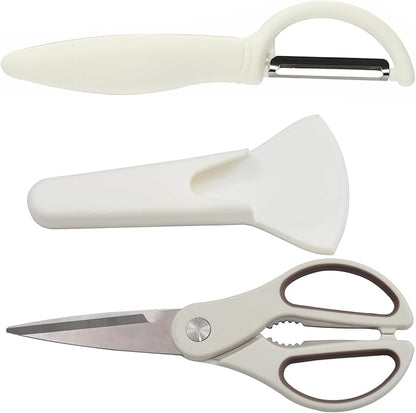 3PCS White Kitchen Scissors and Peeler Set, Magnetic Shears with Fruit Peelers for Food, Heavy Duty Scissors with Magnet Sheath Set for Fridge, Apple Peel Scraper with Magnetic Holder Kitchen Shears