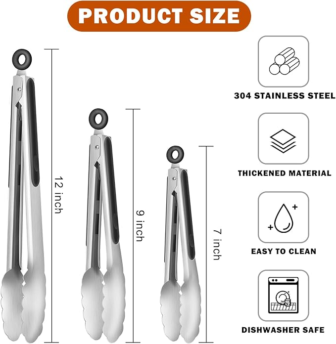 TACGEA Stainless Steel Kitchen Tongs, Silicone Non-slip Grip, Locking Grilling Food Tongs Set of 3-7inch, 9inch and 12inch - Image 2