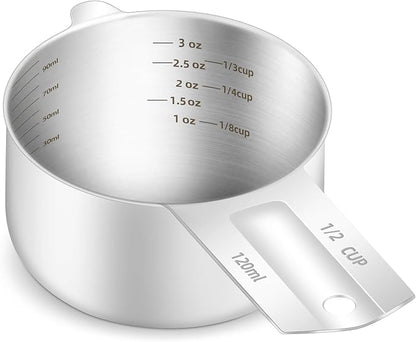1PCS 1/2Cup (120ml, 4oz) Single Measuring Cup, Etched Inner Scale Stainless Steel Measure Scoop, Metric and US Measurement, Dishwasher Safe by BERYLER