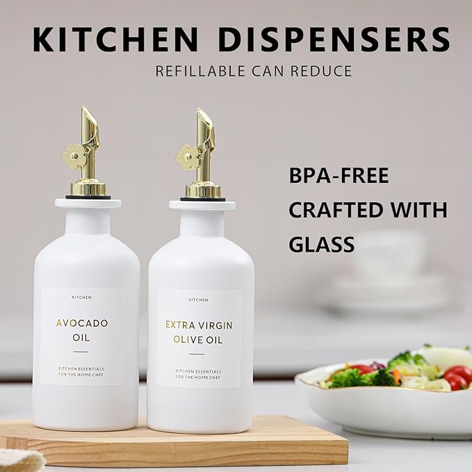 HOMCDALY Olive Oil Dispenser for Kitchen, 11.8oz Glass kitchen Dispenser Bottle, Gold Oil&Vinegar Cruet Set, Leakproof Oil Containers for Cooking| Set of 2 (11.8oz – Gold) - Image 3