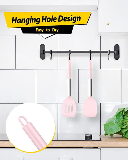 Pack of 2 Silicone Solid Turner, Non Stick Slotted Kitchen Spatulas, High Heat Resistant BPA Free Cooking Utensils, Ideal Cookware for Fish, Eggs, Pancakes(Pink) - Image 4