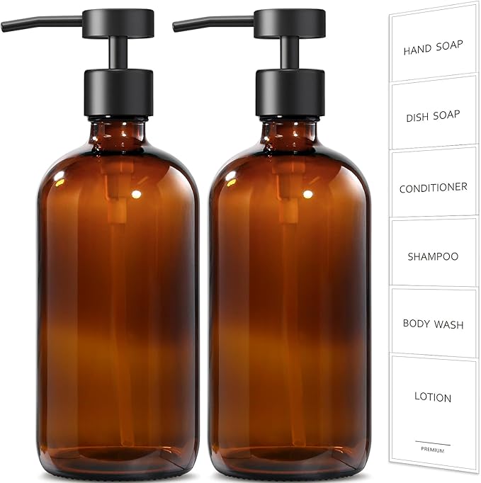 GMISUN Amber Glass Soap Dispenser, 2 Pack Bathroom Hand Soap Dispensers with Stainless Steel Flat Pump, 17 Fl Oz Kitchen Dish Soap Dispenser, Modern Vintage Liquid Brown Soap Dispensers Bottle Set by GMISUN