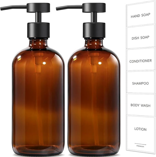 GMISUN Amber Glass Soap Dispenser, 2 Pack Bathroom Hand Soap Dispensers with Stainless Steel Flat Pump, 17 Fl Oz Kitchen Dish Soap Dispenser, Modern Vintage Liquid Brown Soap Dispensers Bottle Set by GMISUN