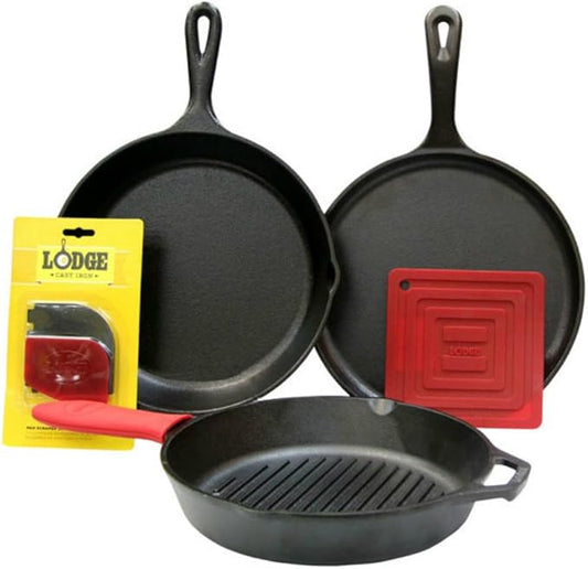 Lodge Cast Iron Set - 7-Piece Set - Pre-Seasoned Kitchen Essentials Set - Skillet, Griddle & Dutch Oven Included - PFAS-Free Non-Toxic Cookware by Lodge