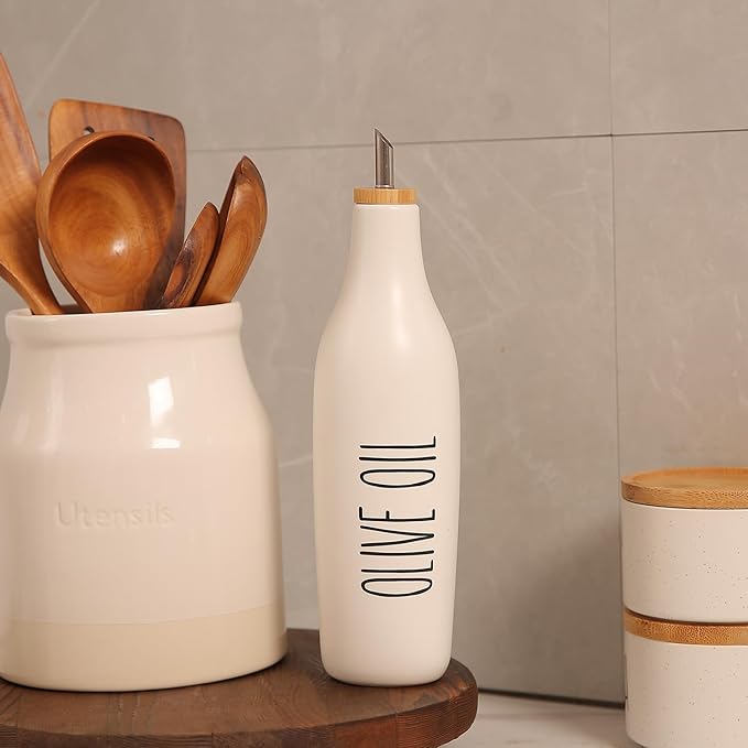 HOMCDALY Ceramic Olive Oil Dispenser for Kitchen, Stoneware 16oz Oil Cruet and Vinegar Bottles Dispenser, Kitchen Dispenser Bottle for EVOO Vinegar Syrups, Modern Farmhouse Design(W-O) - Image 2
