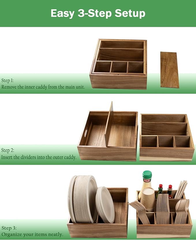 Acacia Wood Utensil Holder for Party (Set of 2) - 11" x 9.5" Utensil Caddy for Parties & Silverware Caddy for Countertop - Holds Plates, Napkins, Cups, Spoons, Forks - Kitchen Accessories - Image 4