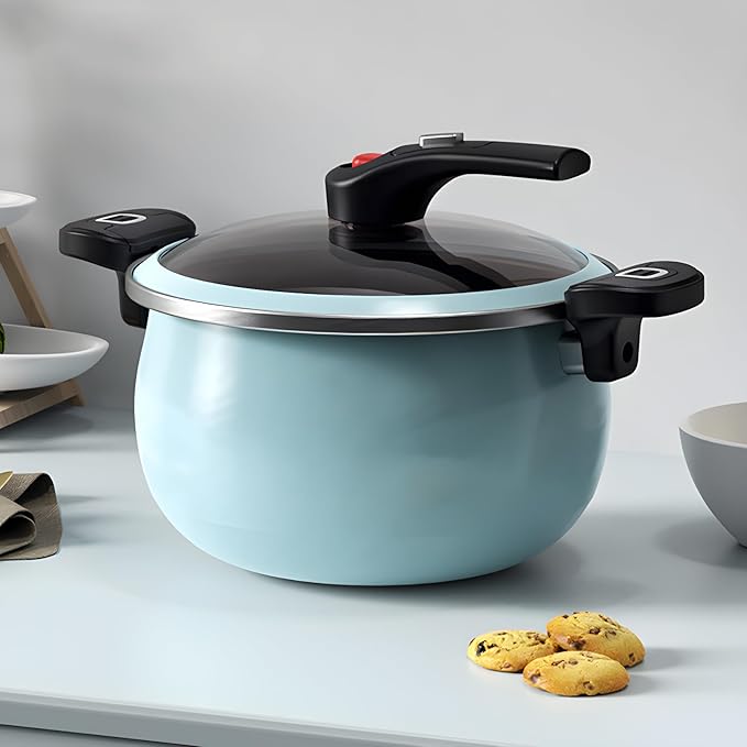 Nonstick Ceramic Coated Sauce Pan with Lid Blue Crock Pot with Twist & Lock Handles, Micro Pressure Cooker Versatile Stockpot with lid, Bottom Big Soup Canning Pots,Simmer Pots (BLUE, 5.5Quarts)