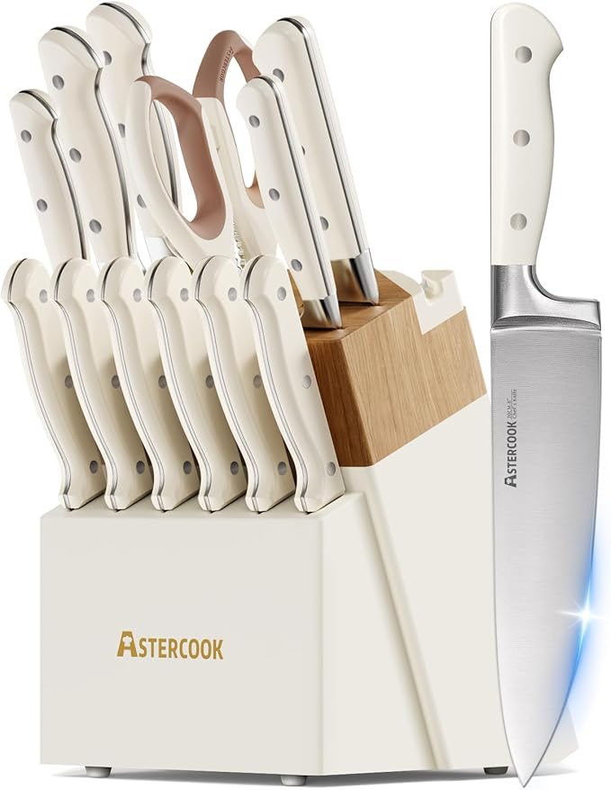 Knife Set,Astercook Kitchen Knife Set with Block 14-Piece Full Tang Stainless Steel Knives with Sharpener Dishwasher Safe and Anti-Slip Ergonomic Handle Mothers Day Gifts Utensils Set by Astercook